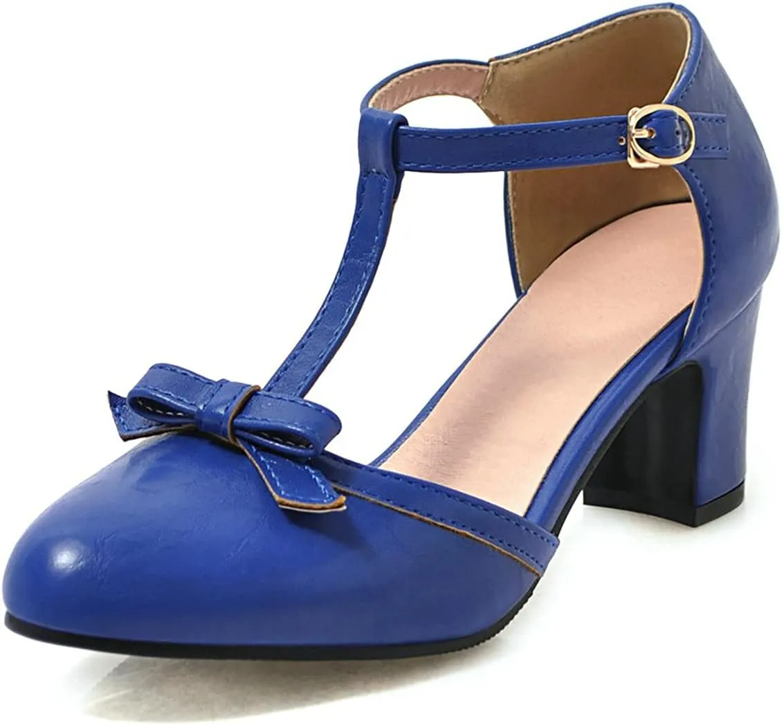 Trendenzy Womens T Strap Mary Jane Pumps Chunky High Heel Bowtie Dress Shoes