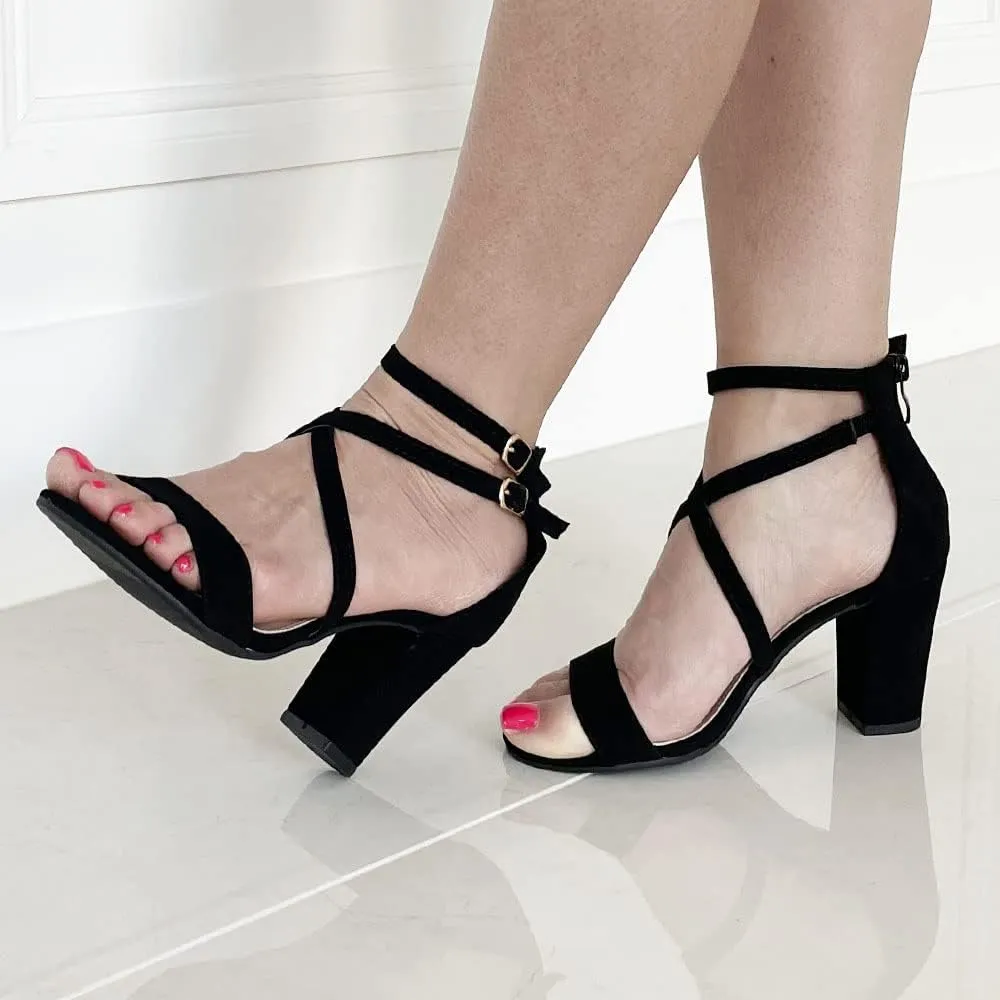 TRENDSUP Women's Open Toe Ankle Strap High Chunky Heel Sandals