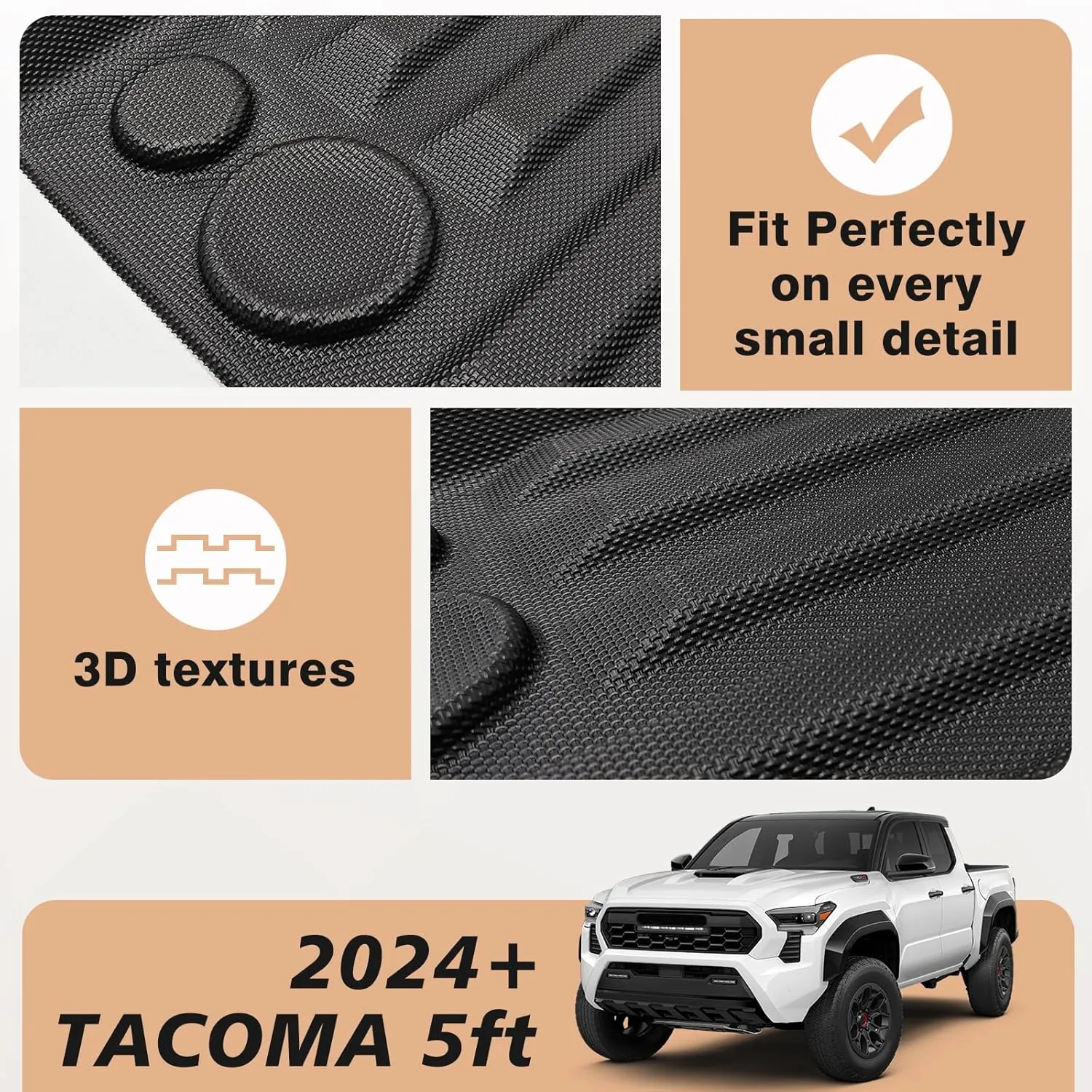 TripleAliners Truck Bed Mat Compatible with 2024 2025 Toyota Tacoma Accessories 5FT Vehicle Perfectly Flush All Weather Protection TPE Heavy Duty Pickup Car Bed Cargo Mat