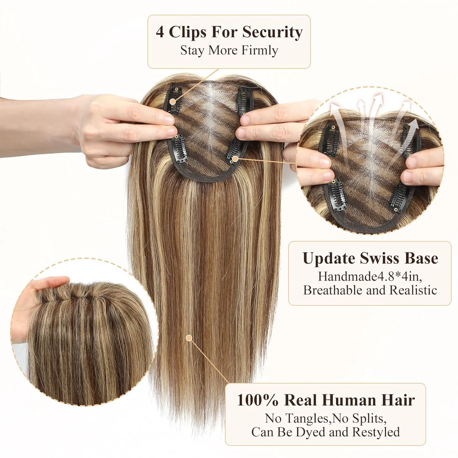 VASILIA Real Human Hair Toppers for Women with Thinning Hair, 4x4.8 Upgrade Basement 360° Cover 3D Wiglets Hairpieces Topper, Highlight P4/27 12 Inch