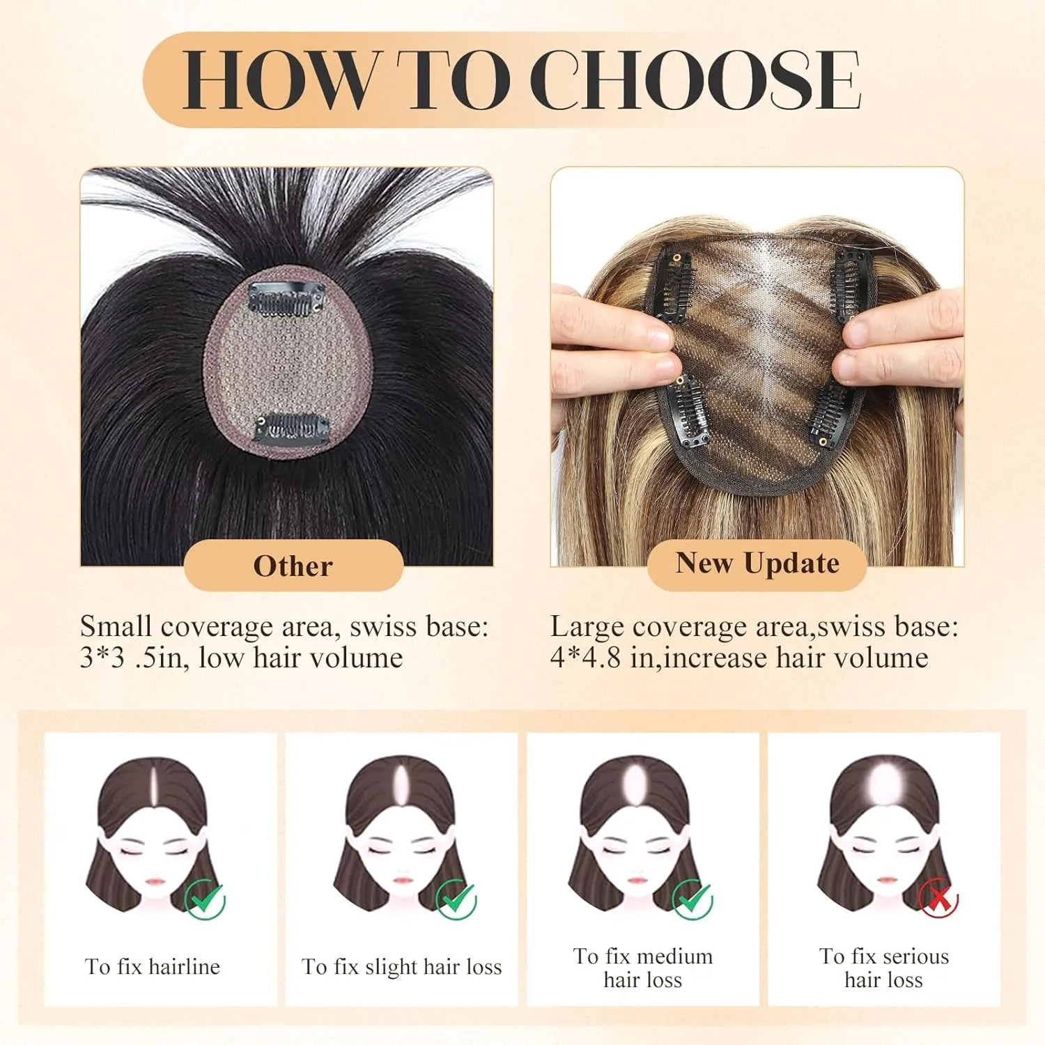 VASILIA Real Human Hair Toppers for Women with Thinning Hair, 4x4.8 Upgrade Basement 360° Cover 3D Wiglets Hairpieces Topper, Highlight P4/27 12 Inch