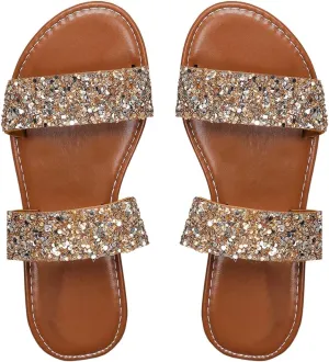 Verdusa Women's Glitter Rhinestone Flat Sandals Open Toe Double Strap Summer Slip on Slides