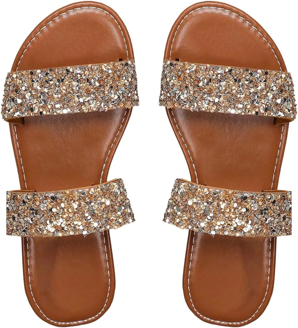 Verdusa Women's Glitter Rhinestone Flat Sandals Open Toe Double Strap Summer Slip on Slides