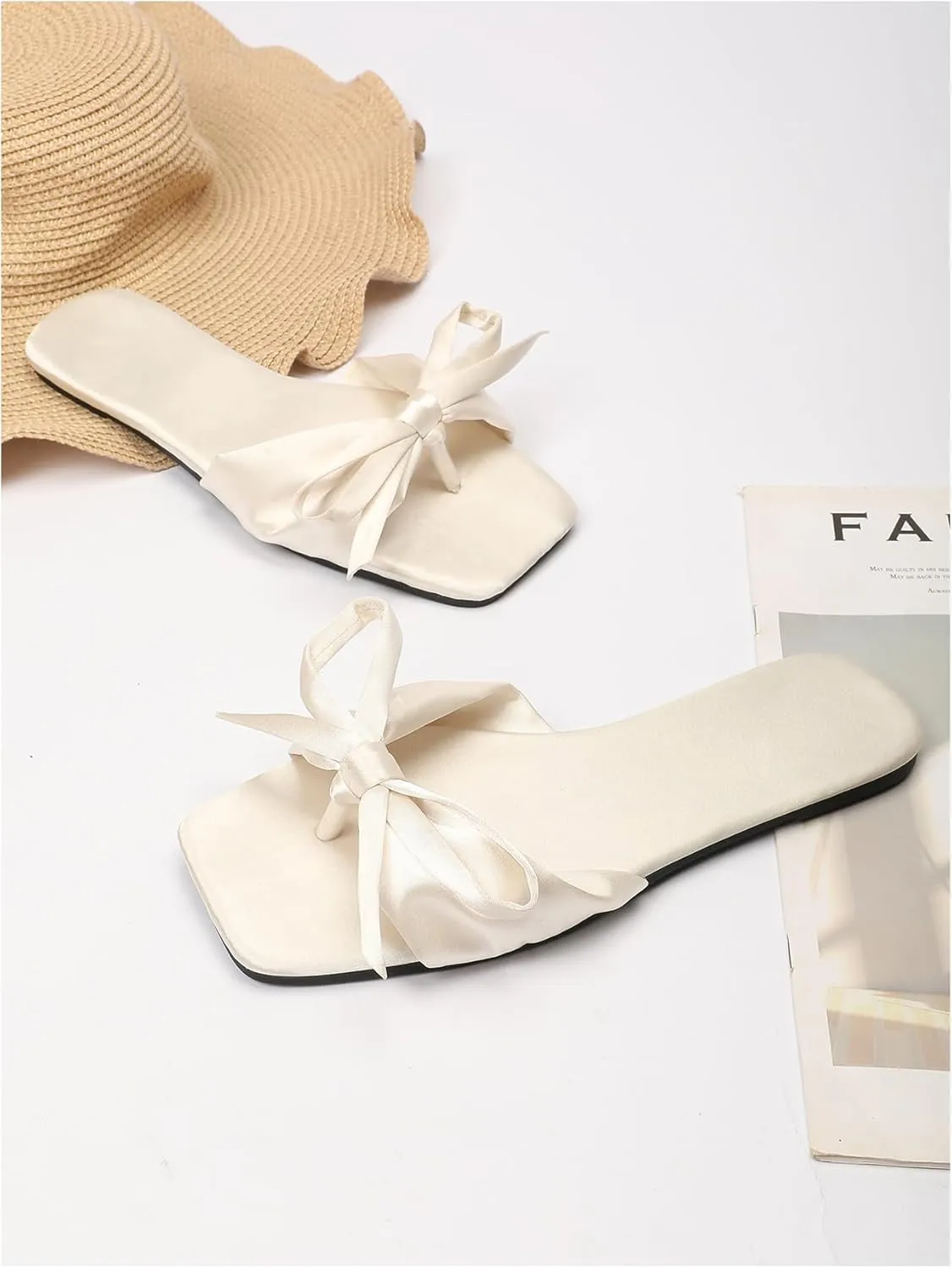 Verdusa Women's Summer Flat Sandals Square Toe Coquette Bow Sandals Slip on Slippers