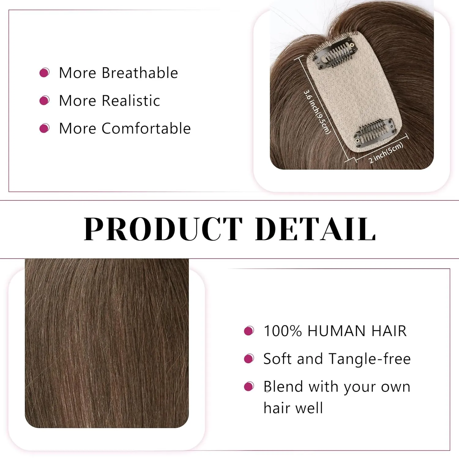 VERNA Hair Toppers for Women Real Human Hair 360°3D Cover Bangs Hair Clip,100% Real Human Medium Brown Clip in Bangs,Hairpieces for Daily Wear(5 * 9.5)