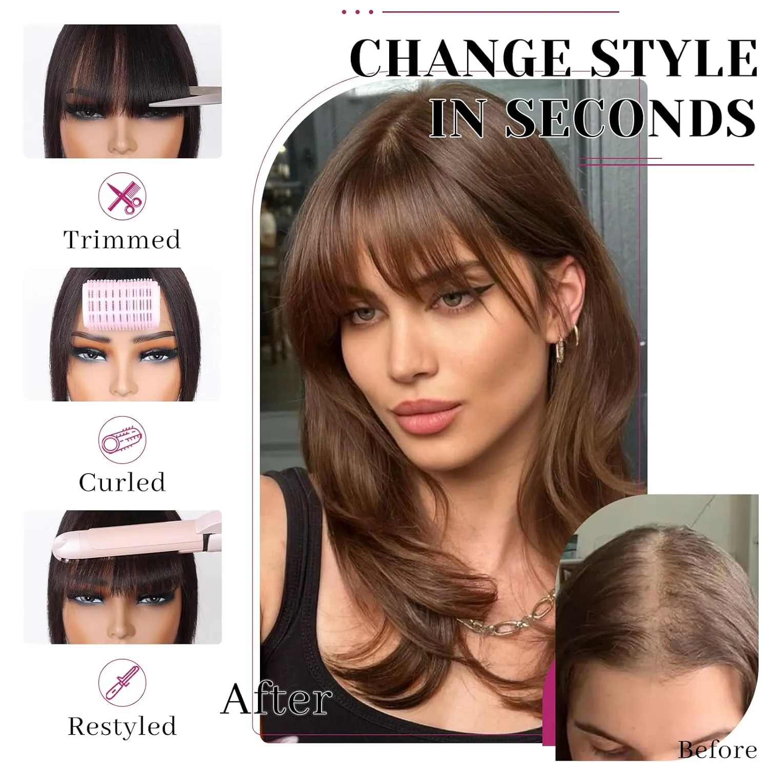 VERNA Hair Toppers for Women Real Human Hair 360°3D Cover Bangs Hair Clip,100% Real Human Medium Brown Clip in Bangs,Hairpieces for Daily Wear(5 * 9.5)