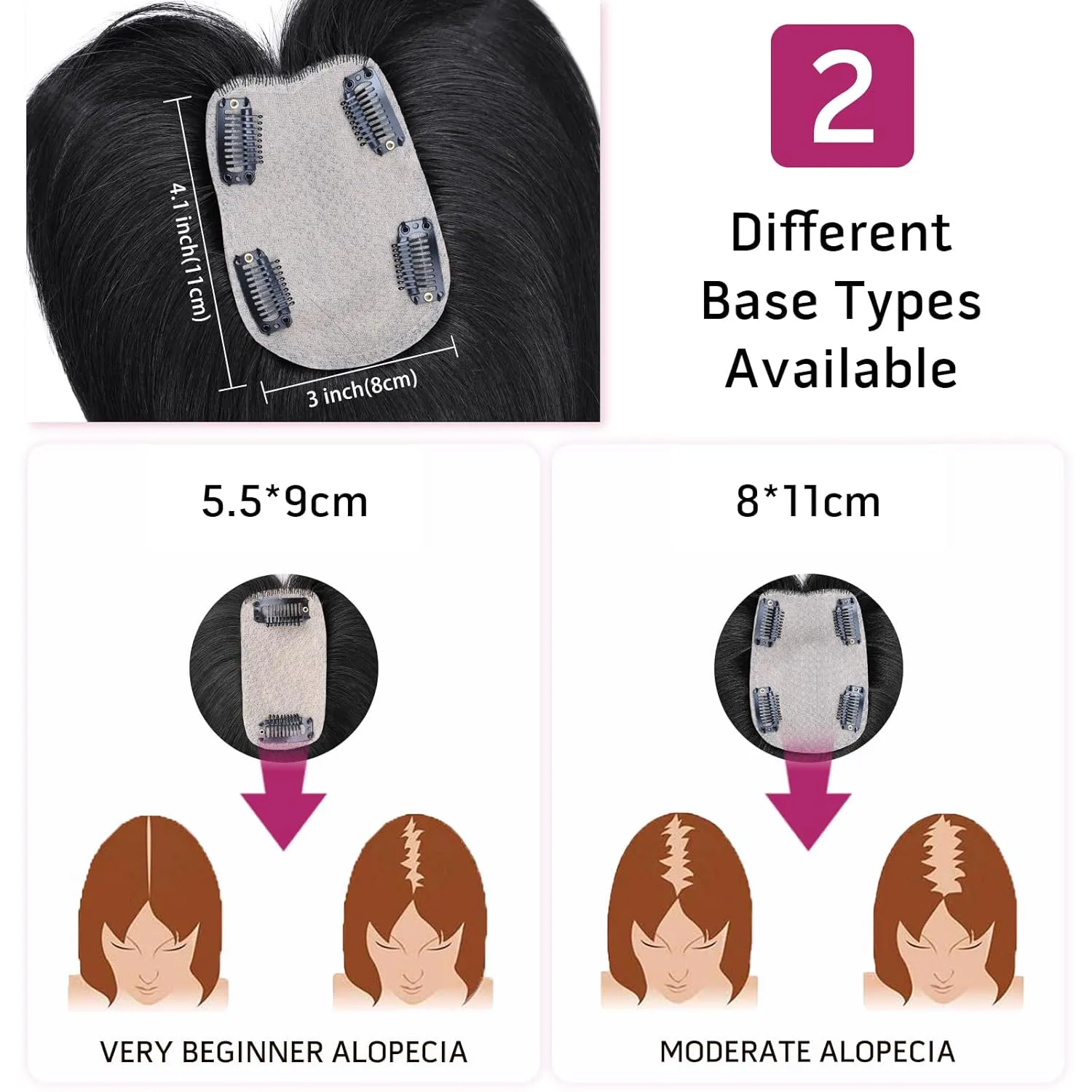 VERNA Real Human Hair Topper, 10 Inch 100％ Human Hair Toppers for Women with Thinning Hair, Large area Coverage Natural Black Hairpiece Wiglet for Daily Wear(8 * 11)