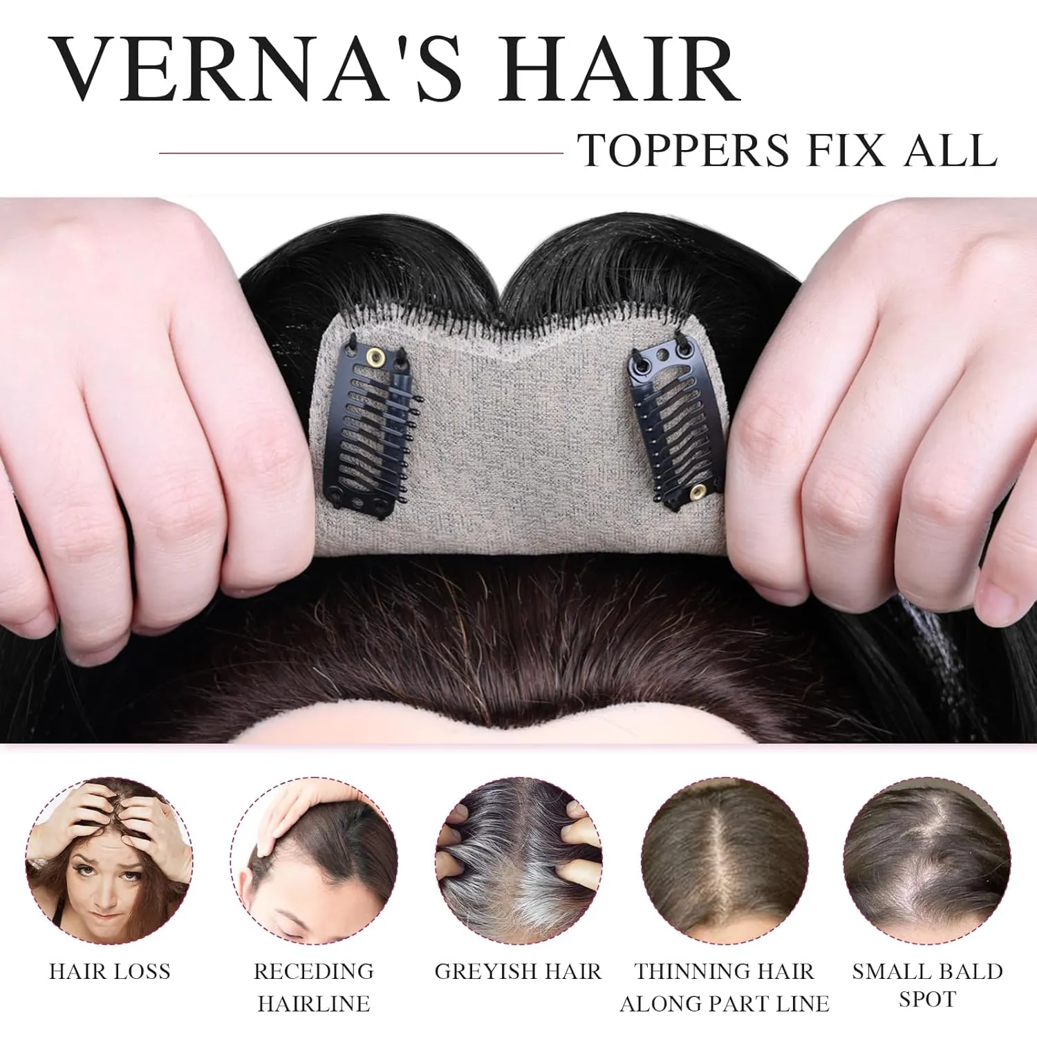 VERNA Real Human Hair Topper, 10 Inch 100％ Human Hair Toppers for Women with Thinning Hair, Large area Coverage Natural Black Hairpiece Wiglet for Daily Wear(8 * 11)
