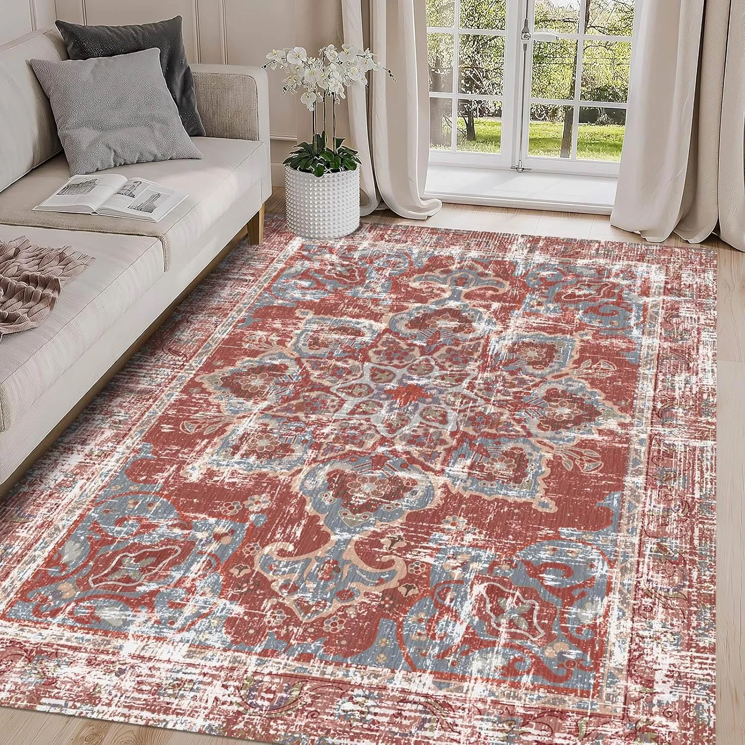 Vhong Vintage Area Rugs Boho Washable Neutral Modern Brick Red Burgundy 5x7 Non Slip Carpet for Living Room Dining Room Bedroom