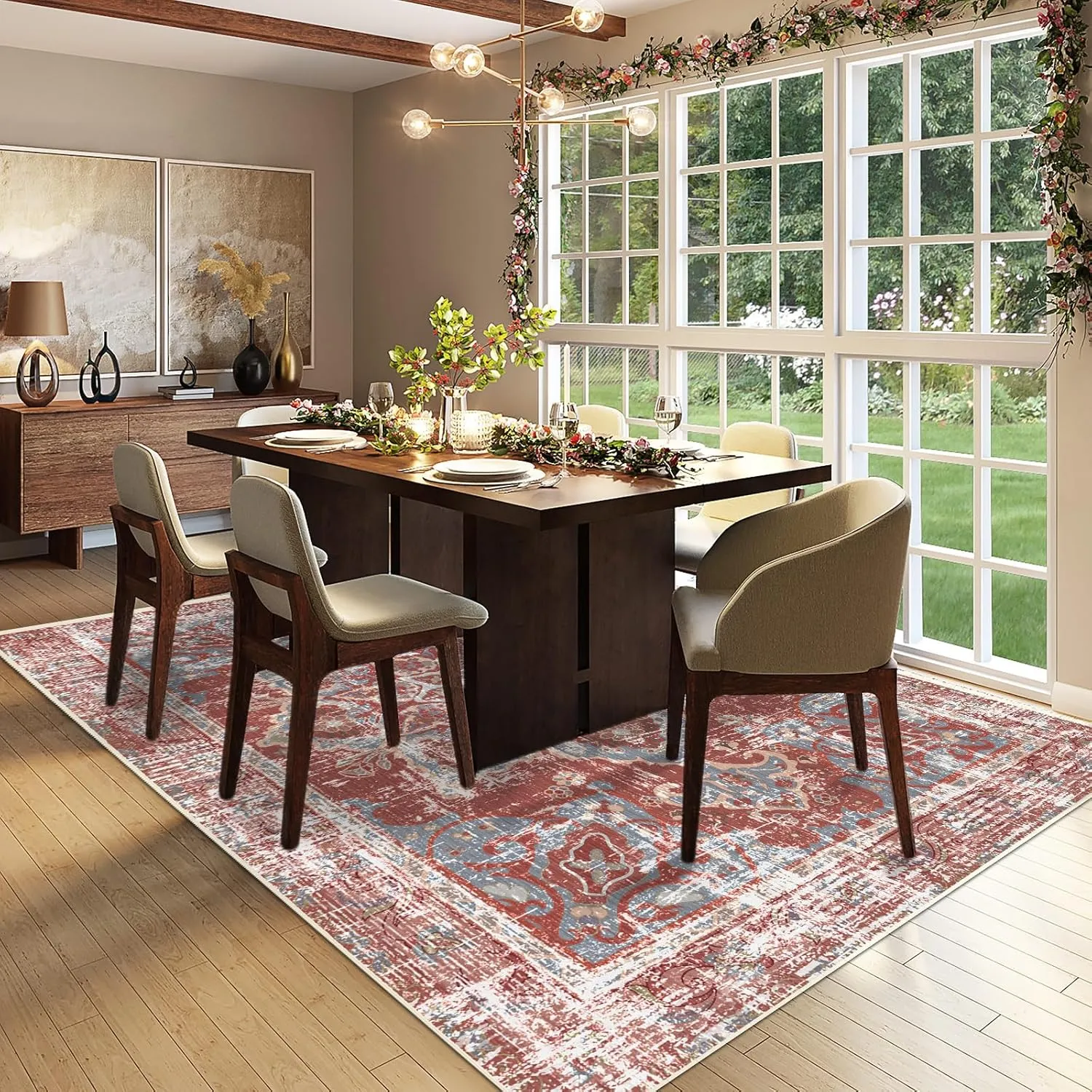 Vhong Vintage Area Rugs Boho Washable Neutral Modern Brick Red Burgundy 5x7 Non Slip Carpet for Living Room Dining Room Bedroom