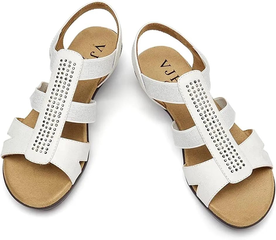 VJH confort Women's Comfort Flat Sandals Summer,with Rhinestone Open Toe Elastic Slip On Slingback Casual Walking Low Heele Sandals