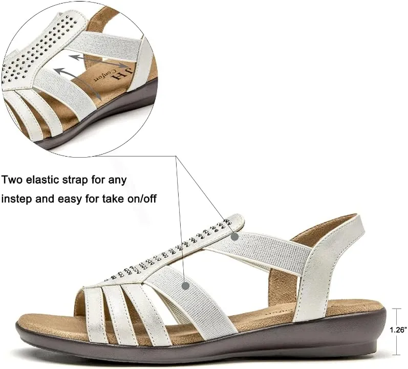VJH confort Women's Flat Sandals, Comfort Elastic Slip-on Light Weight Slingback Casual Walking Sandals with Rhinestone