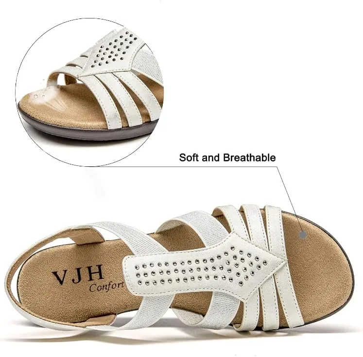 VJH confort Women's Flat Sandals, Comfort Elastic Slip-on Light Weight Slingback Casual Walking Sandals with Rhinestone