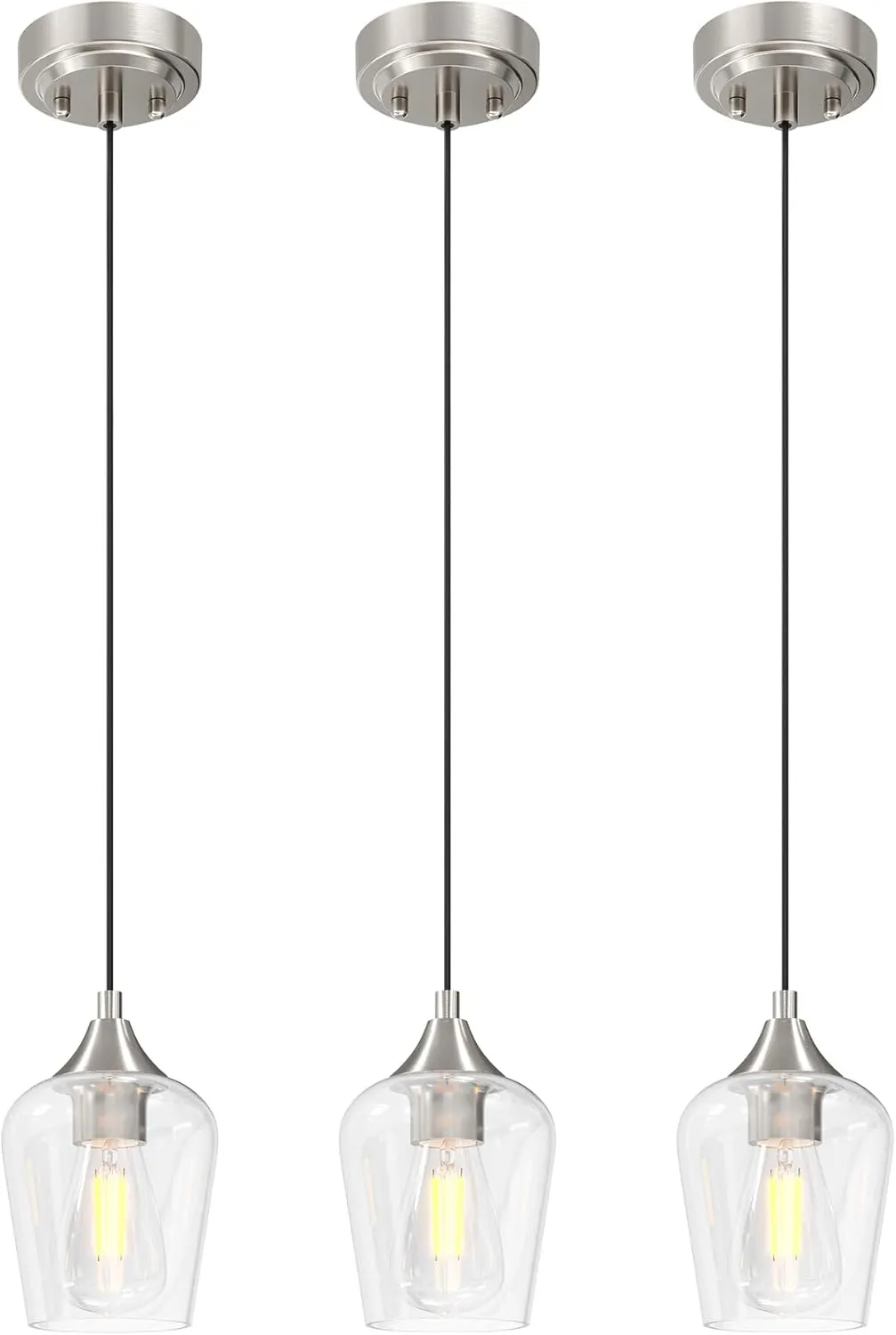 VONLUCE Pendant Lights Kitchen Island, Brushed Nickel Pendant Light Fixtures with E26 Base & Adjustable Cable, Modern Pendant Lighting with Glass Shade for Living Room Bedroom Hallway, 3 Packs