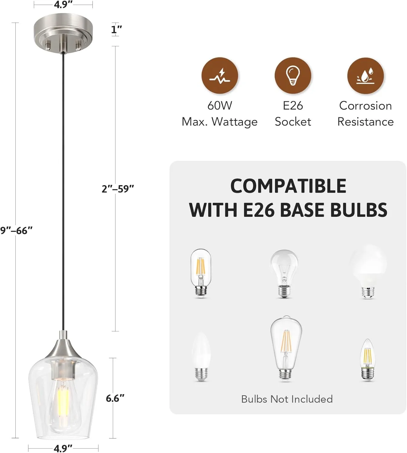 VONLUCE Pendant Lights Kitchen Island, Brushed Nickel Pendant Light Fixtures with E26 Base & Adjustable Cable, Modern Pendant Lighting with Glass Shade for Living Room Bedroom Hallway, 3 Packs