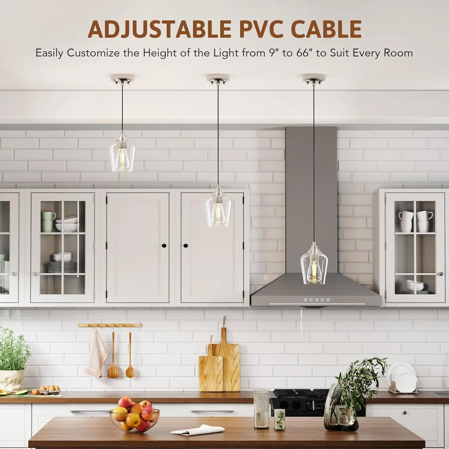 VONLUCE Pendant Lights Kitchen Island, Brushed Nickel Pendant Light Fixtures with E26 Base & Adjustable Cable, Modern Pendant Lighting with Glass Shade for Living Room Bedroom Hallway, 3 Packs