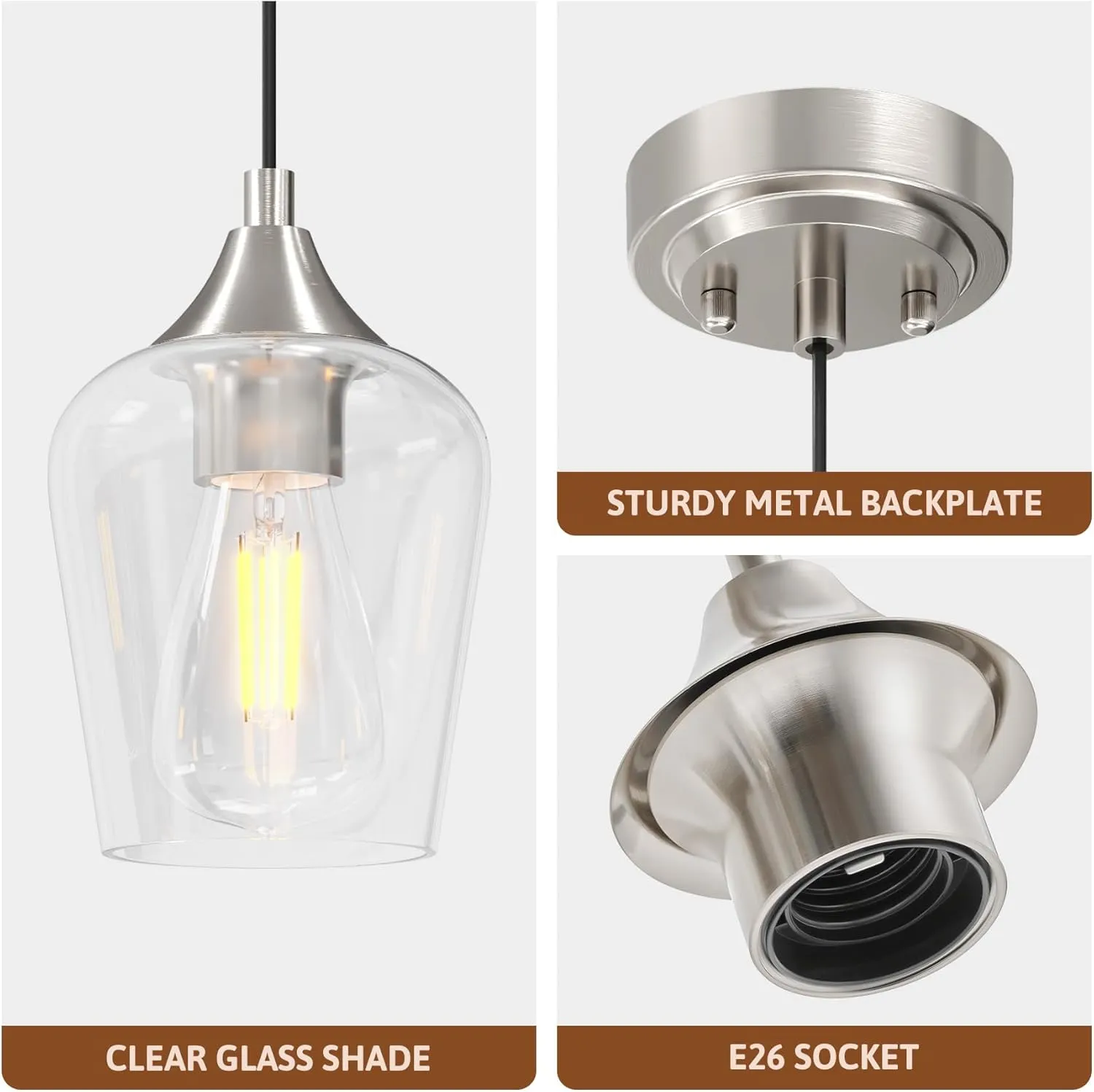 VONLUCE Pendant Lights Kitchen Island, Brushed Nickel Pendant Light Fixtures with E26 Base & Adjustable Cable, Modern Pendant Lighting with Glass Shade for Living Room Bedroom Hallway, 3 Packs