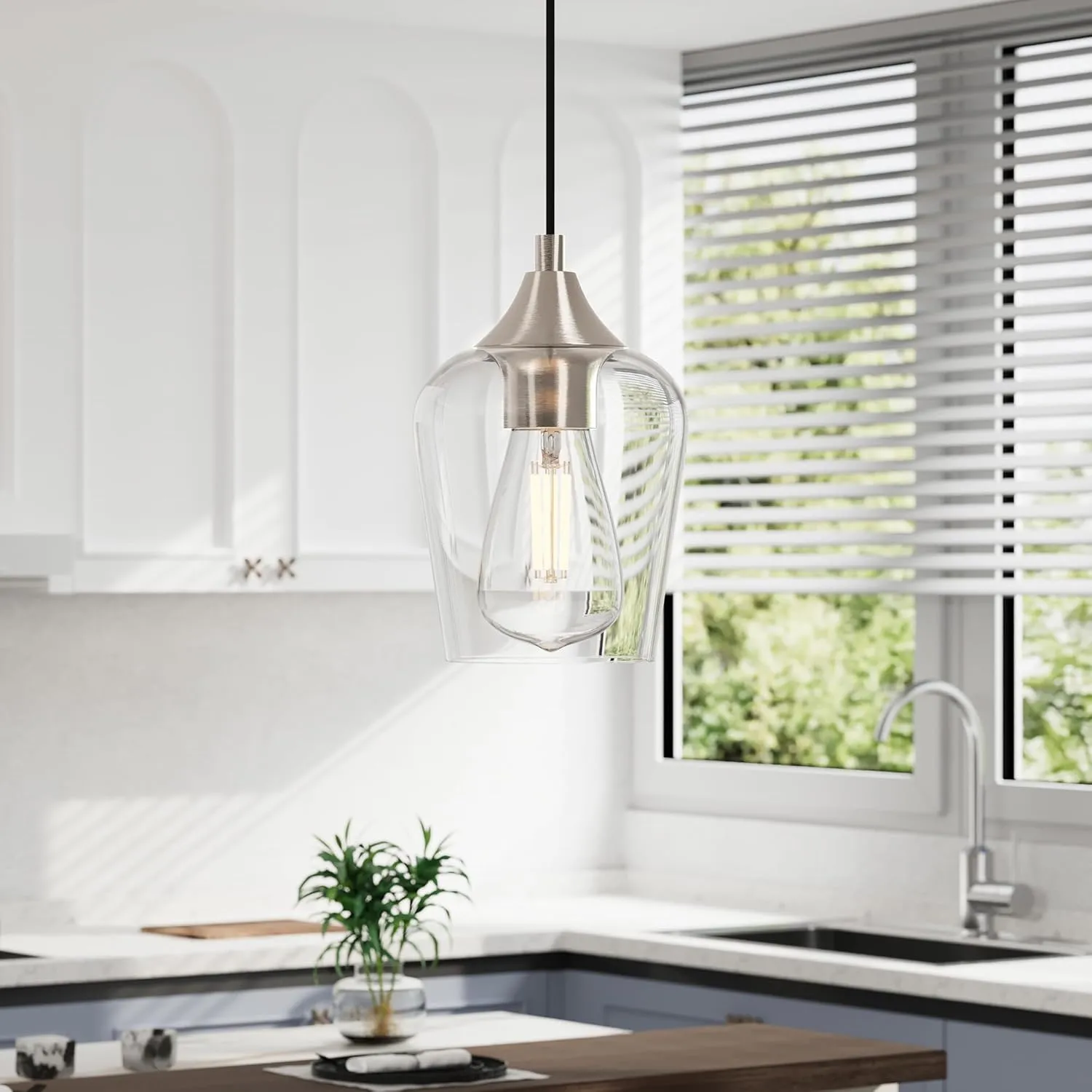 VONLUCE Pendant Lights Kitchen Island, Brushed Nickel Pendant Light Fixtures with E26 Base & Adjustable Cable, Modern Pendant Lighting with Glass Shade for Living Room Bedroom Hallway, 3 Packs