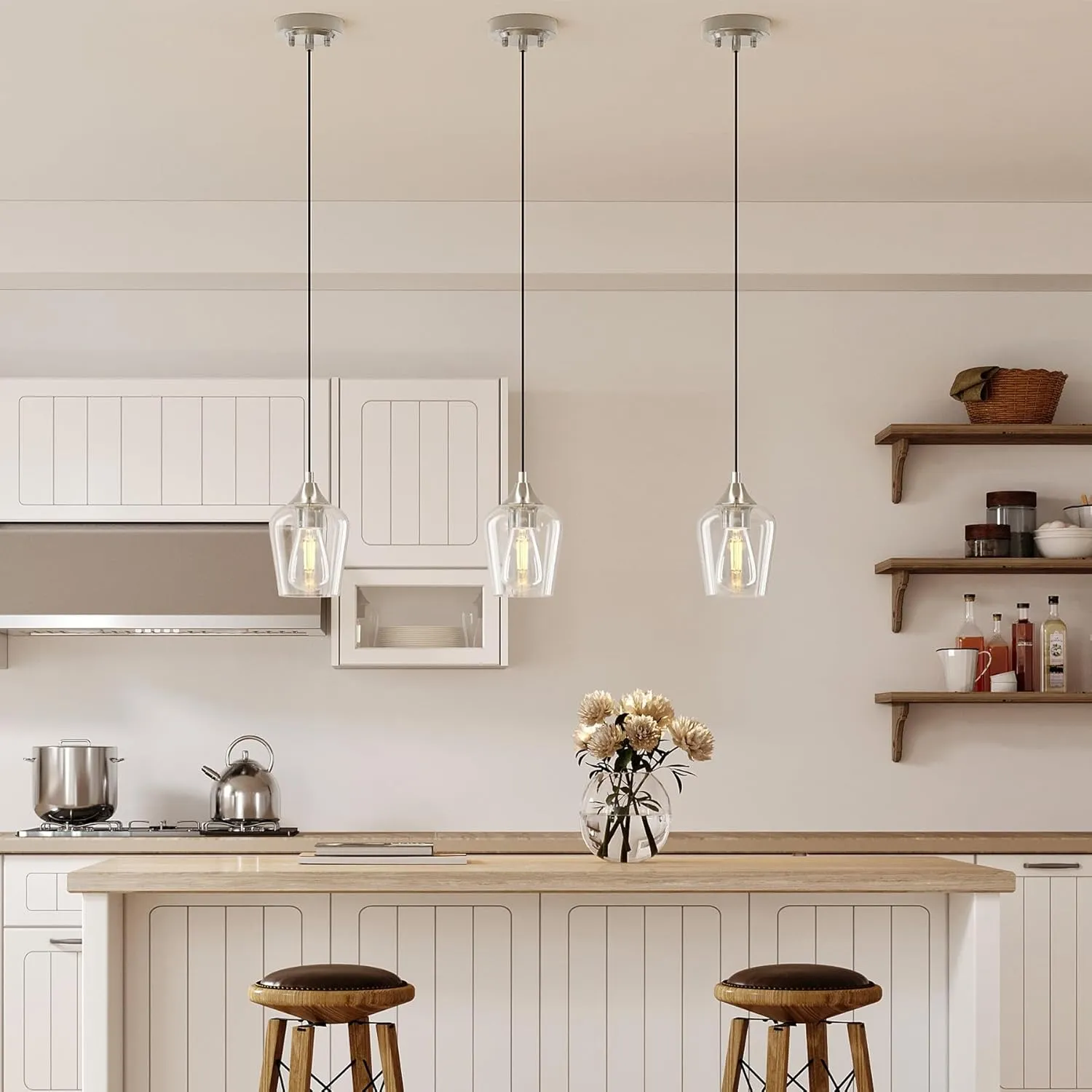 VONLUCE Pendant Lights Kitchen Island, Brushed Nickel Pendant Light Fixtures with E26 Base & Adjustable Cable, Modern Pendant Lighting with Glass Shade for Living Room Bedroom Hallway, 3 Packs