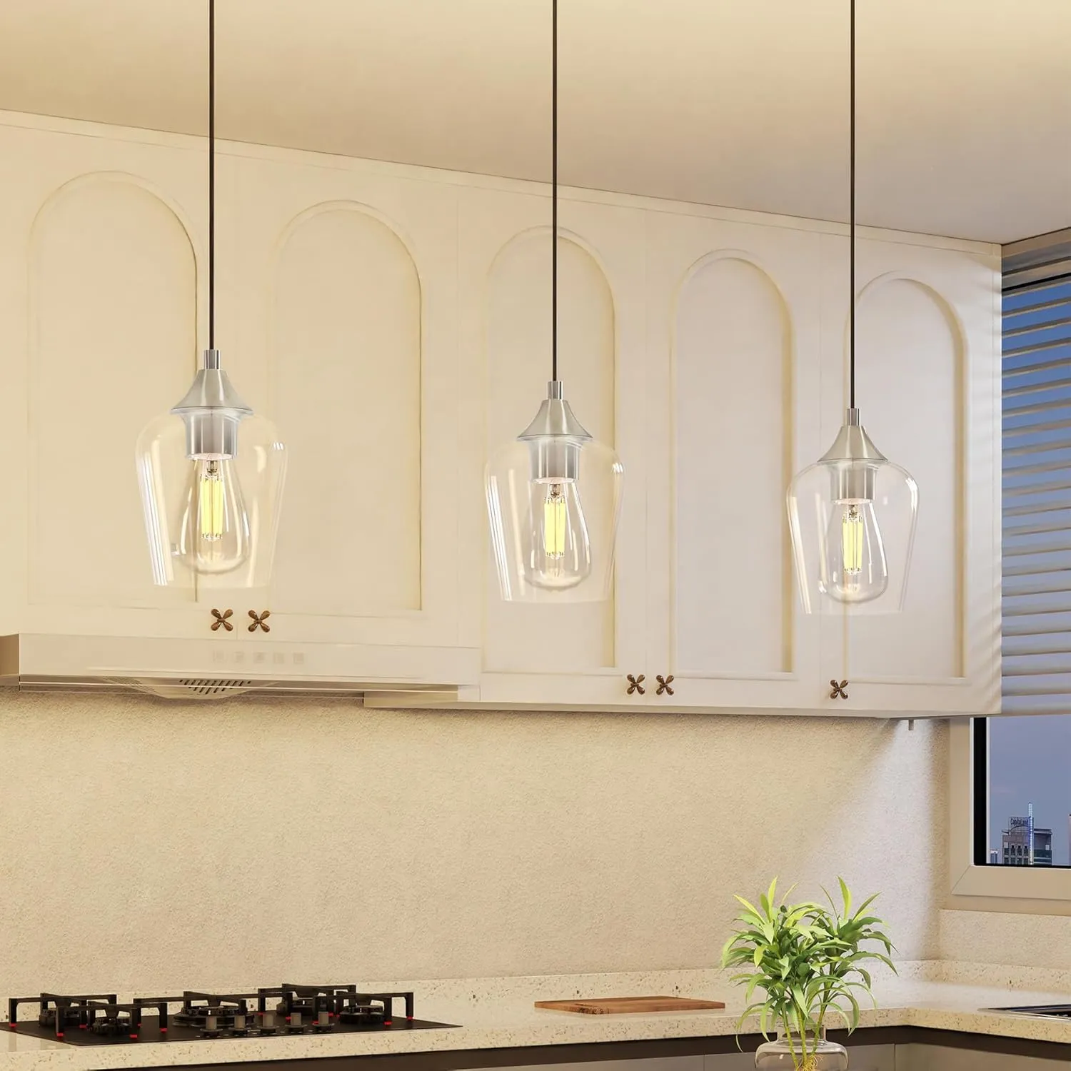 VONLUCE Pendant Lights Kitchen Island, Brushed Nickel Pendant Light Fixtures with E26 Base & Adjustable Cable, Modern Pendant Lighting with Glass Shade for Living Room Bedroom Hallway, 3 Packs