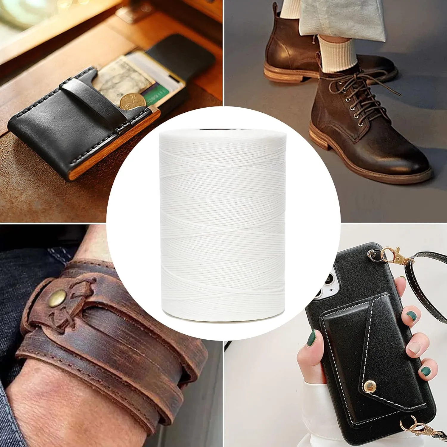 Waxed Thread,852Yds 150D 0.8mm Flat Polyester Wax Thread for Hand Sewing Leather Craft DIY Projects Shoes Repair Book Binding(White)