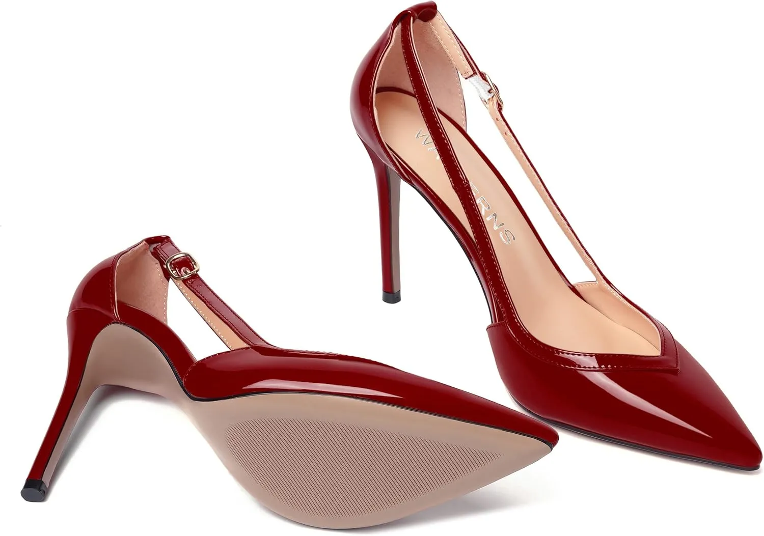 WAYDERNS Womens Adjustable Strap Wedding Pointed Toe Buckle Fashion Patent Ankle Strap Stiletto High Heel Pumps Shoes 4 Inch