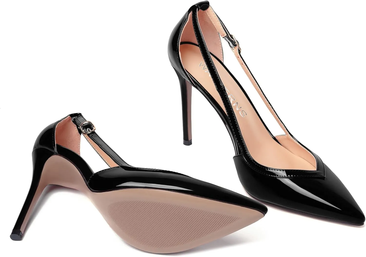 WAYDERNS Womens Adjustable Strap Wedding Pointed Toe Buckle Fashion Patent Ankle Strap Stiletto High Heel Pumps Shoes 4 Inch