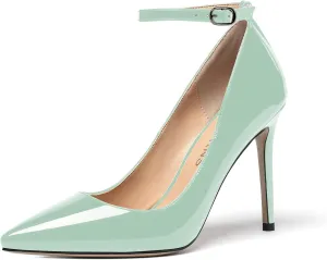 WAYDERNS Women's Pointed Toe Adjustable Strap Wedding Sexy Ankle Strap Buckle Patent Stiletto High Heel Pumps Shoes 4 Inch