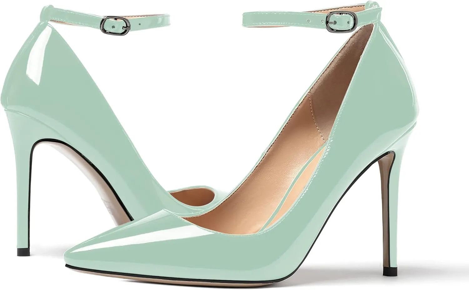 WAYDERNS Women's Pointed Toe Adjustable Strap Wedding Sexy Ankle Strap Buckle Patent Stiletto High Heel Pumps Shoes 4 Inch