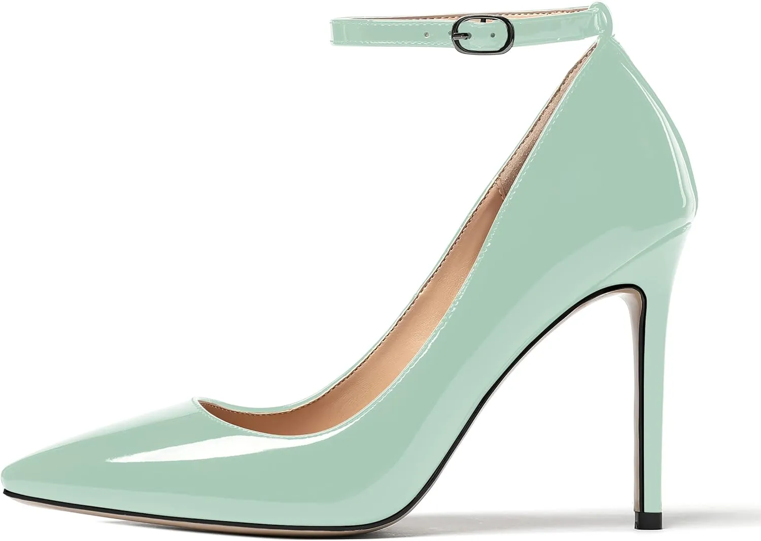 WAYDERNS Women's Pointed Toe Adjustable Strap Wedding Sexy Ankle Strap Buckle Patent Stiletto High Heel Pumps Shoes 4 Inch