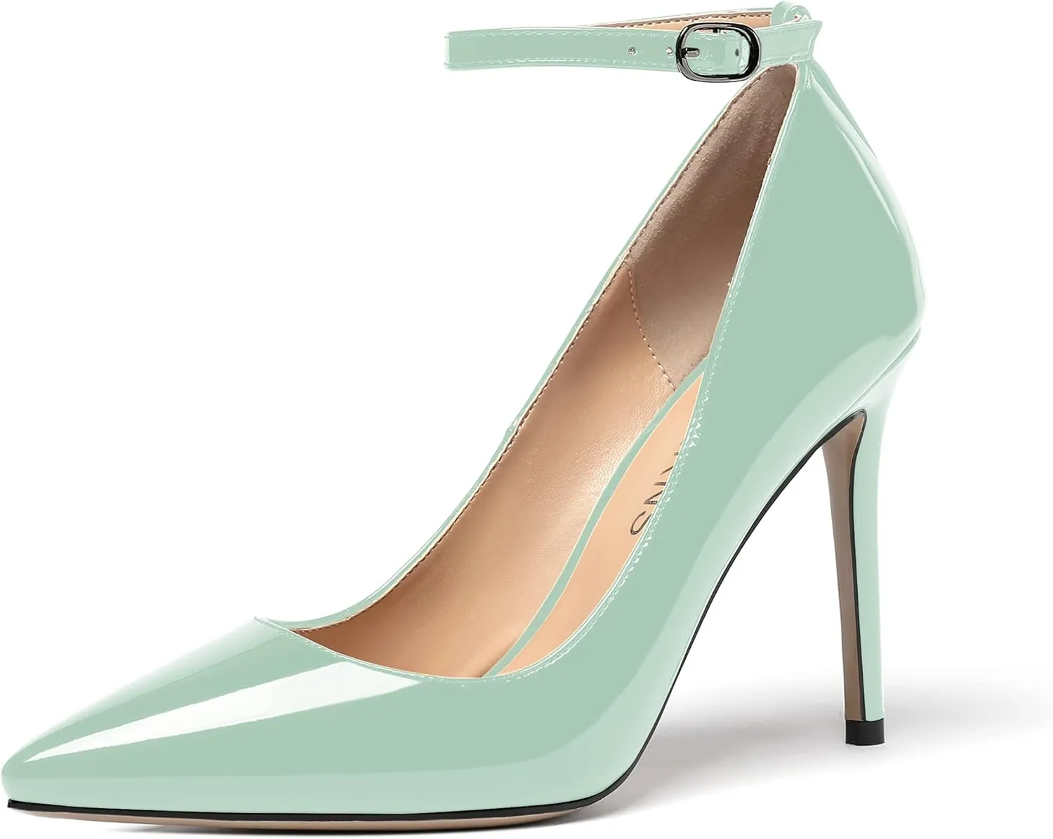WAYDERNS Women's Pointed Toe Adjustable Strap Wedding Sexy Ankle Strap Buckle Patent Stiletto High Heel Pumps Shoes 4 Inch