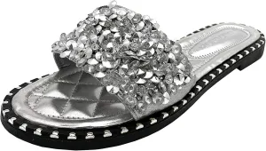 Wild Diva Women's Open Toe Fashion Flat Sandal Rhinestone Slip-On Flip Flop (11 M US