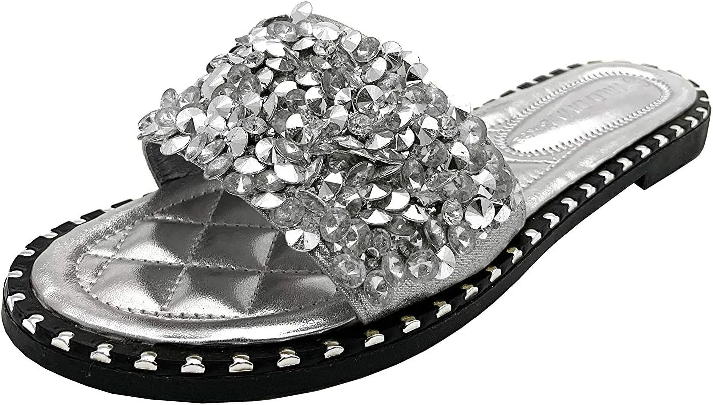 Wild Diva Women's Open Toe Fashion Flat Sandal Rhinestone Slip-On Flip Flop (11 M US