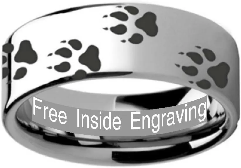 WOLF TRACK PRINTS Animal Tracks Wolf Print Flat Tungsten Inside Engraved Ring 10mm Wide Wedding Band with Custom Inside Engraved Personalized
