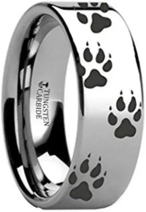 WOLF TRACK PRINTS Animal Tracks Wolf Print Flat Tungsten Inside Engraved Ring 10mm Wide Wedding Band with Custom Inside Engraved Personalized