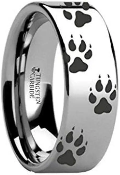 WOLF TRACK PRINTS Animal Tracks Wolf Print Flat Tungsten Inside Engraved Ring 10mm Wide Wedding Band with Custom Inside Engraved Personalized