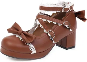 Women Block Heels Ankle Strap Maid Mary Jane Pumps Fashion Sweet Bownot Platform Cross Strap Lolita Princess Single Shoes