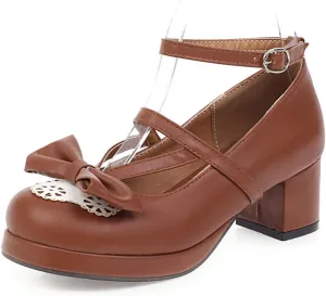 Women Block Heels Ankle Strap Maid Mary Jane Pumps Fashion Sweet Bownot Platform Lolita Princess Single Shoes