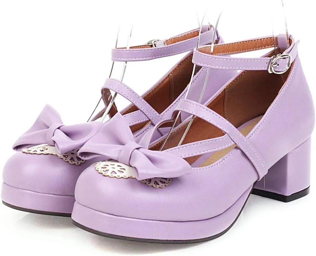 Women Block Heels Ankle Strap Maid Mary Jane Pumps Fashion Sweet Bownot Platform Lolita Princess Single Shoes