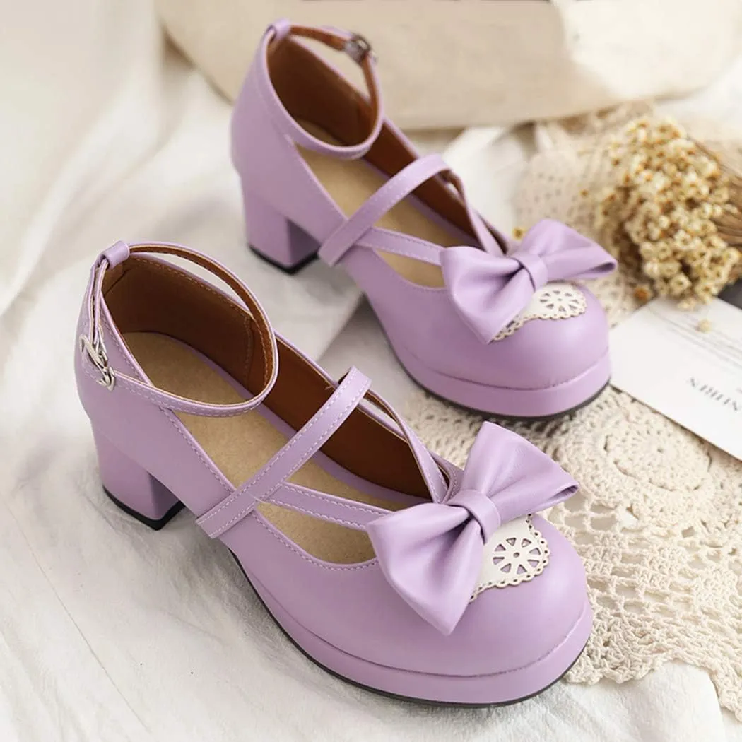 Women Block Heels Ankle Strap Maid Mary Jane Pumps Fashion Sweet Bownot Platform Lolita Princess Single Shoes
