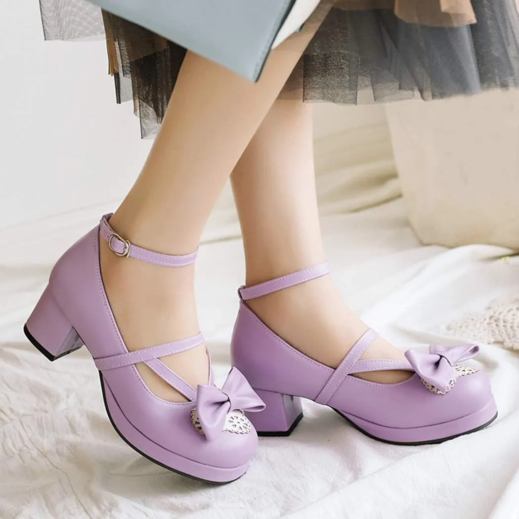 Women Block Heels Ankle Strap Maid Mary Jane Pumps Fashion Sweet Bownot Platform Lolita Princess Single Shoes