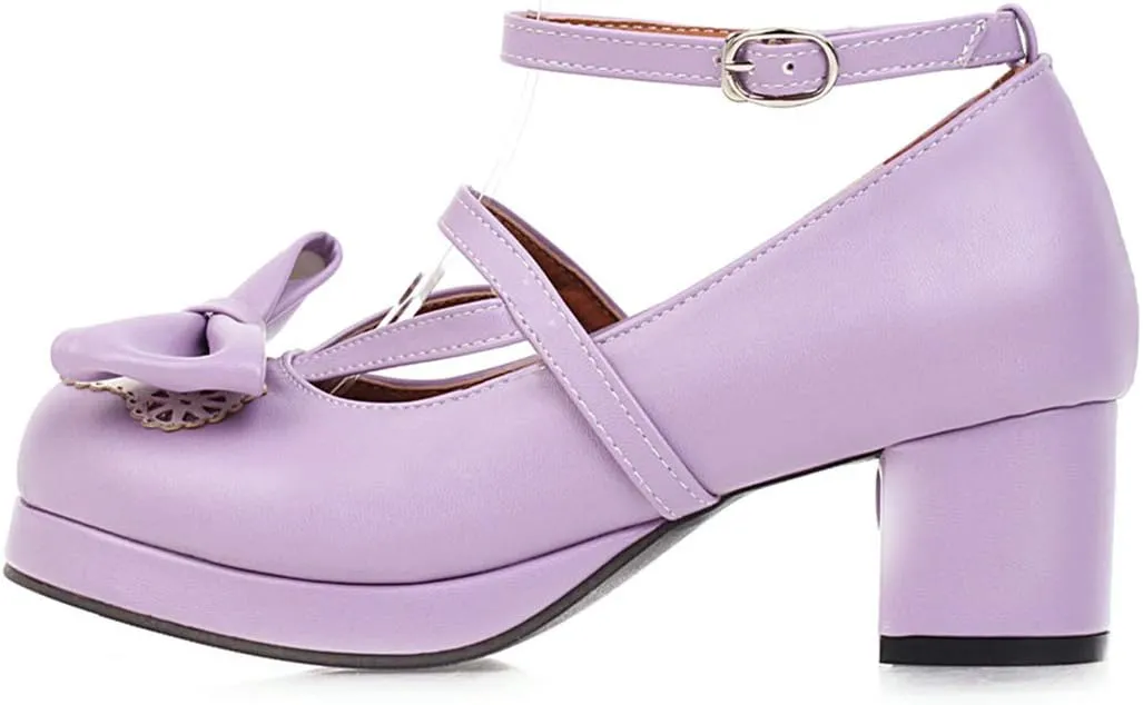 Women Block Heels Ankle Strap Maid Mary Jane Pumps Fashion Sweet Bownot Platform Lolita Princess Single Shoes