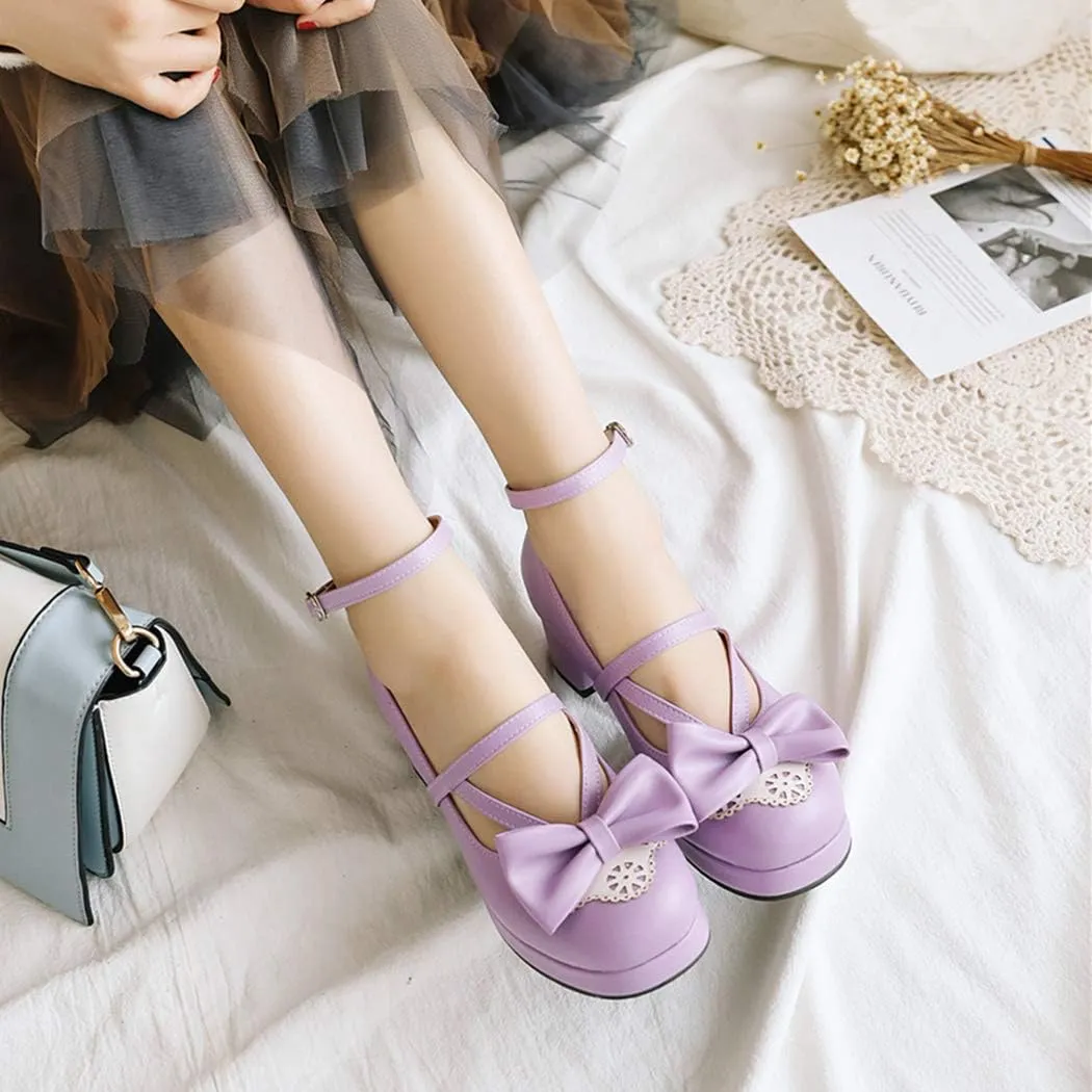 Women Block Heels Ankle Strap Maid Mary Jane Pumps Fashion Sweet Bownot Platform Lolita Princess Single Shoes