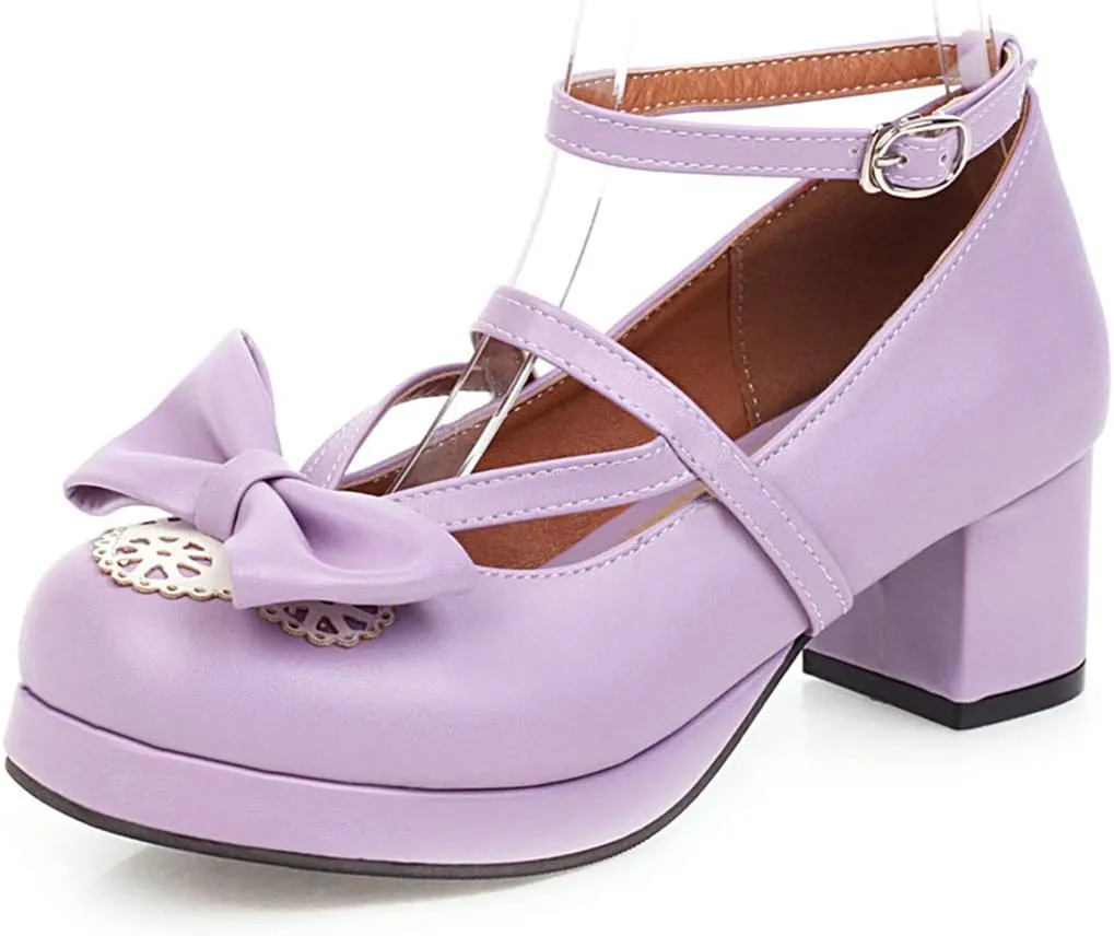 Women Block Heels Ankle Strap Maid Mary Jane Pumps Fashion Sweet Bownot Platform Lolita Princess Single Shoes