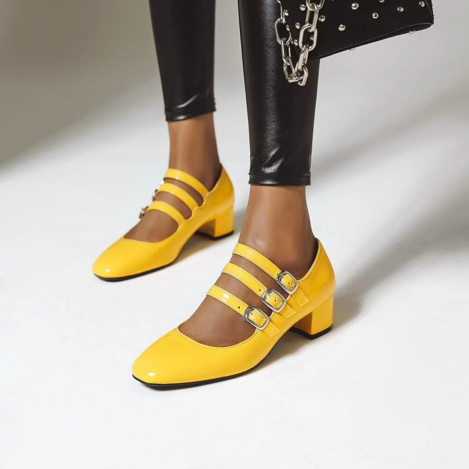 Women Classic Square Toe Mary Janes Chunky Mid Block Heel Three Buckle Strap Casual Dressy Pumps Shoes