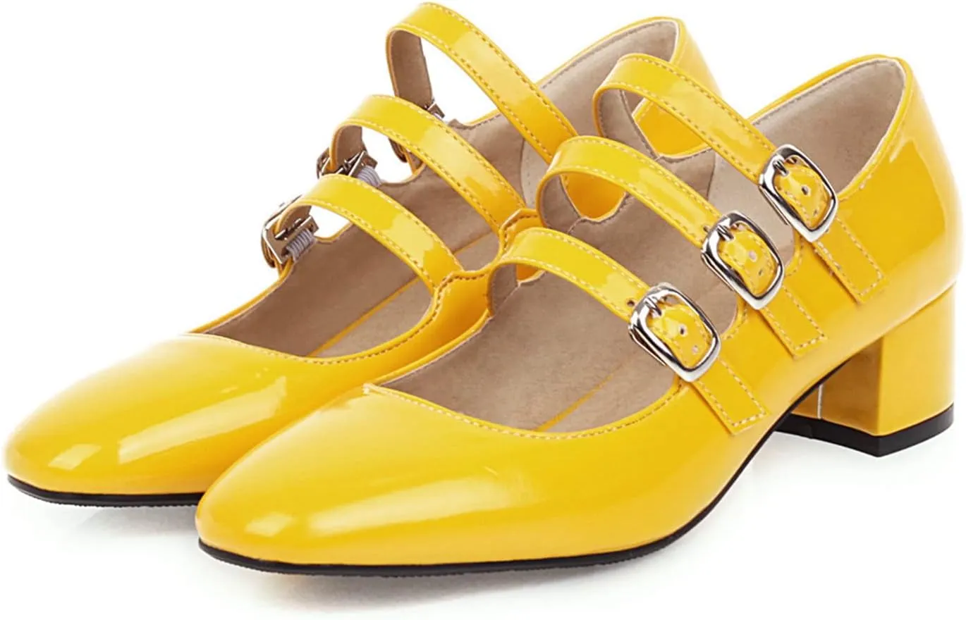 Women Classic Square Toe Mary Janes Chunky Mid Block Heel Three Buckle Strap Casual Dressy Pumps Shoes