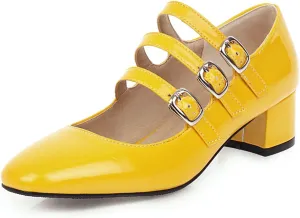 Women Classic Square Toe Mary Janes Chunky Mid Block Heel Three Buckle Strap Casual Dressy Pumps Shoes