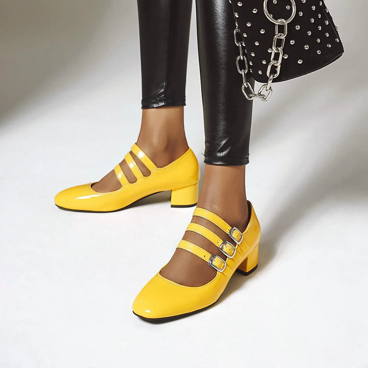 Women Classic Square Toe Mary Janes Chunky Mid Block Heel Three Buckle Strap Casual Dressy Pumps Shoes
