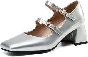 Women Doubled Monk-Strap Mary Jane Pumps Square Toe Patent Leather Chunky Block Heel Dress Shoes