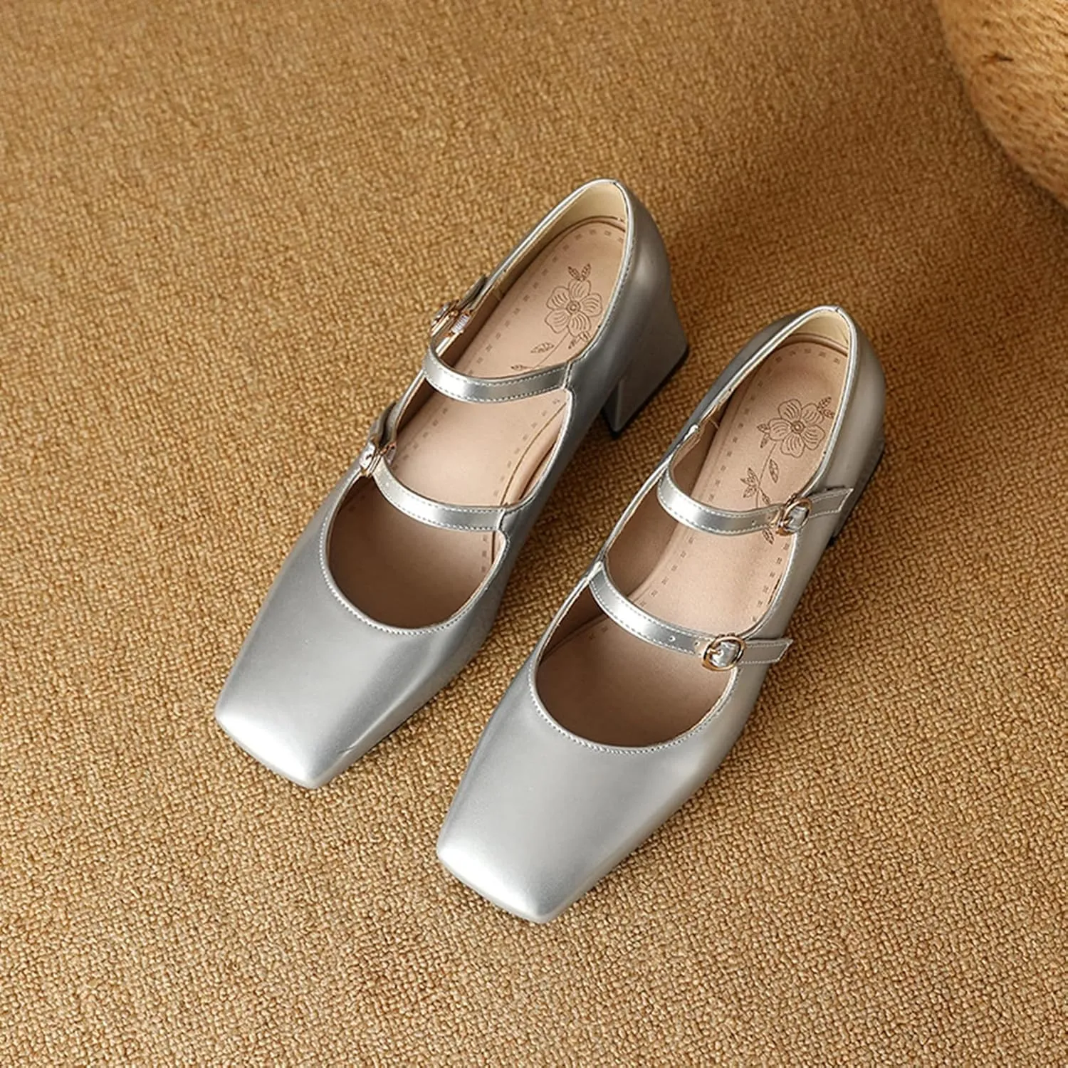 Women Doubled Monk-Strap Mary Jane Pumps Square Toe Patent Leather Chunky Block Heel Dress Shoes